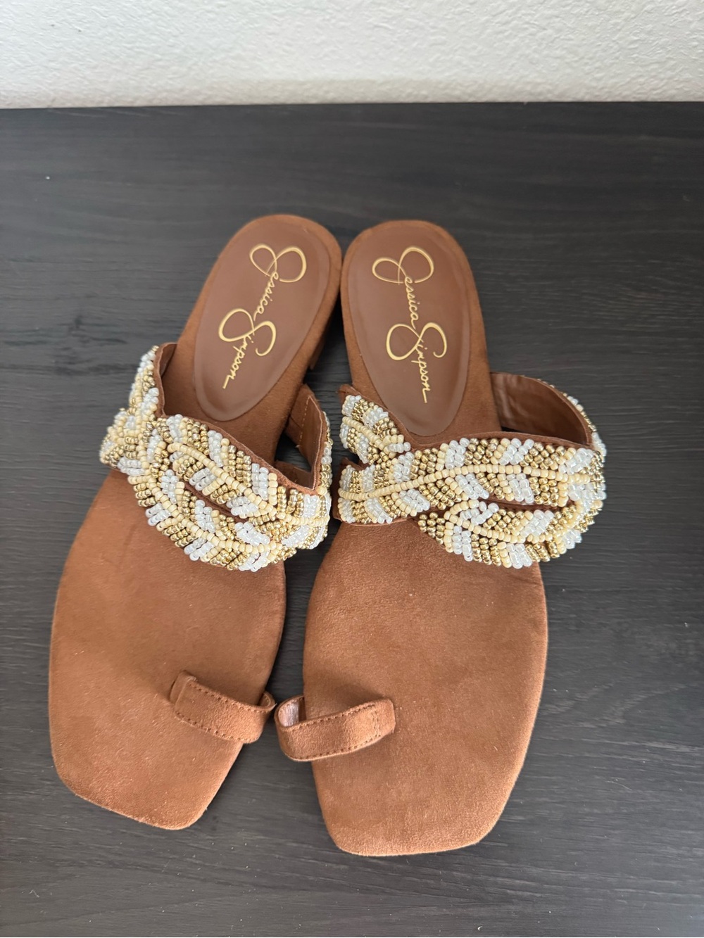 Jessica Simpson Tan Suede Slide Sandals with Gold & White Beaded Braids
